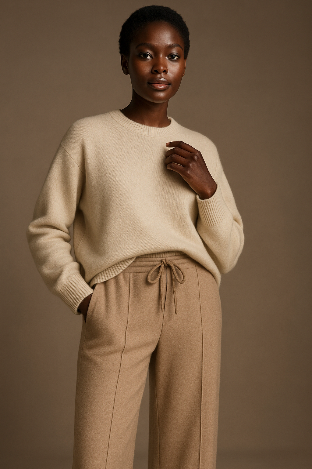 Cream Sweater & Camel Trouser Set
